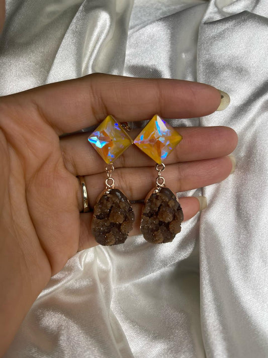 Natural square crystal cluster stone earrings brown colour