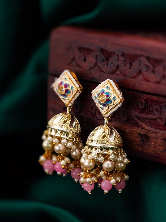 Beautiful gold plated Meenakari jhumka made from brass with pearl hangings