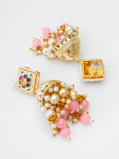 Beautiful gold plated Meenakari jhumka made from brass with pearl hangings