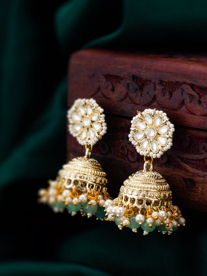 Gold plated kundan jhumka with pearl detailing made from brass