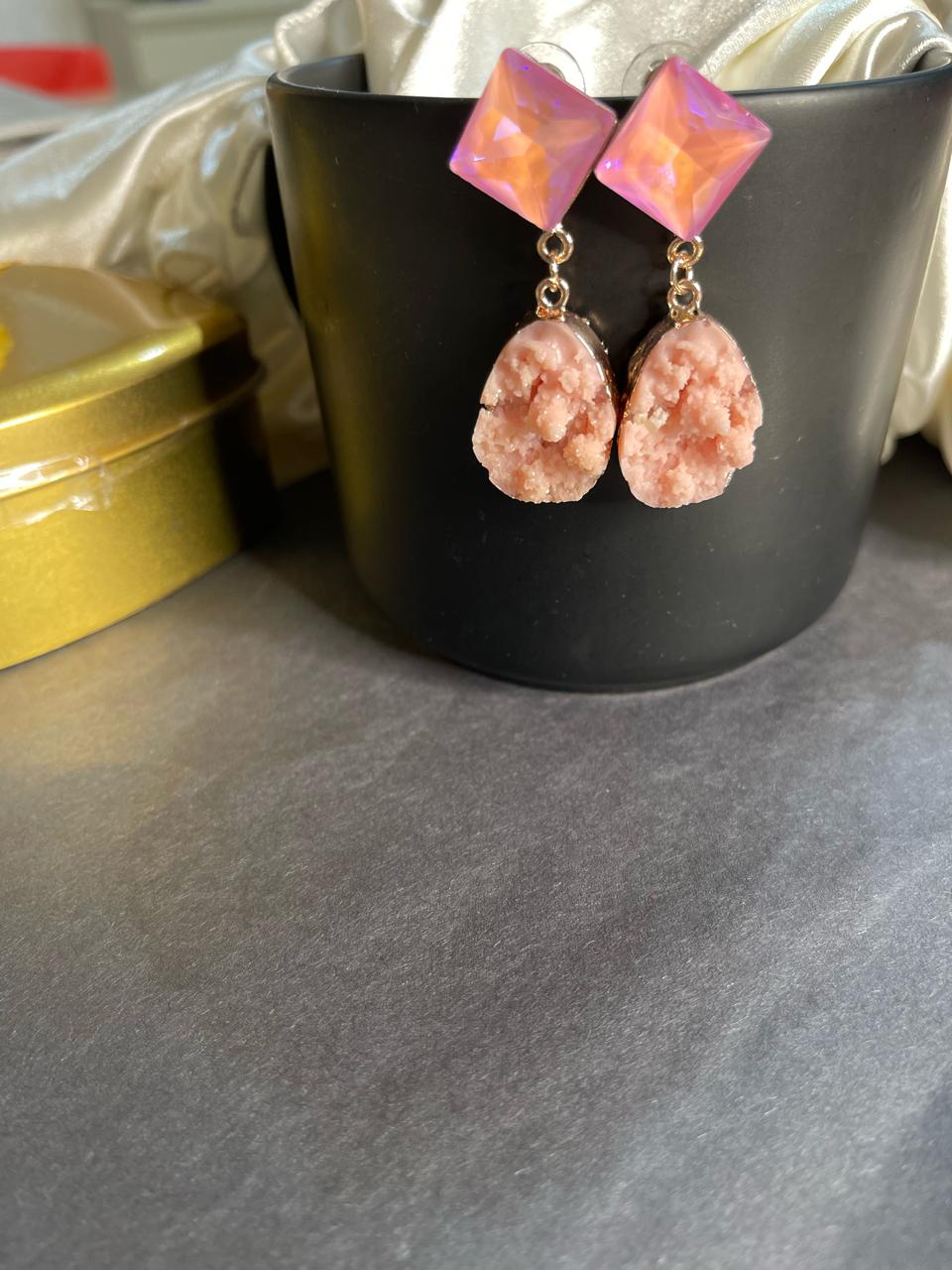 Natural square crystal cluster stone earrings pink colour