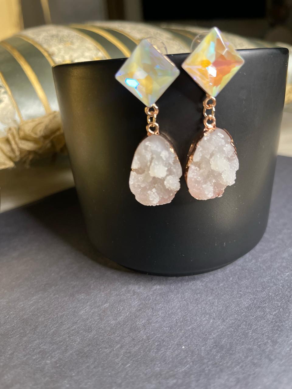 Natural square crystal cluster stone earrings white colour