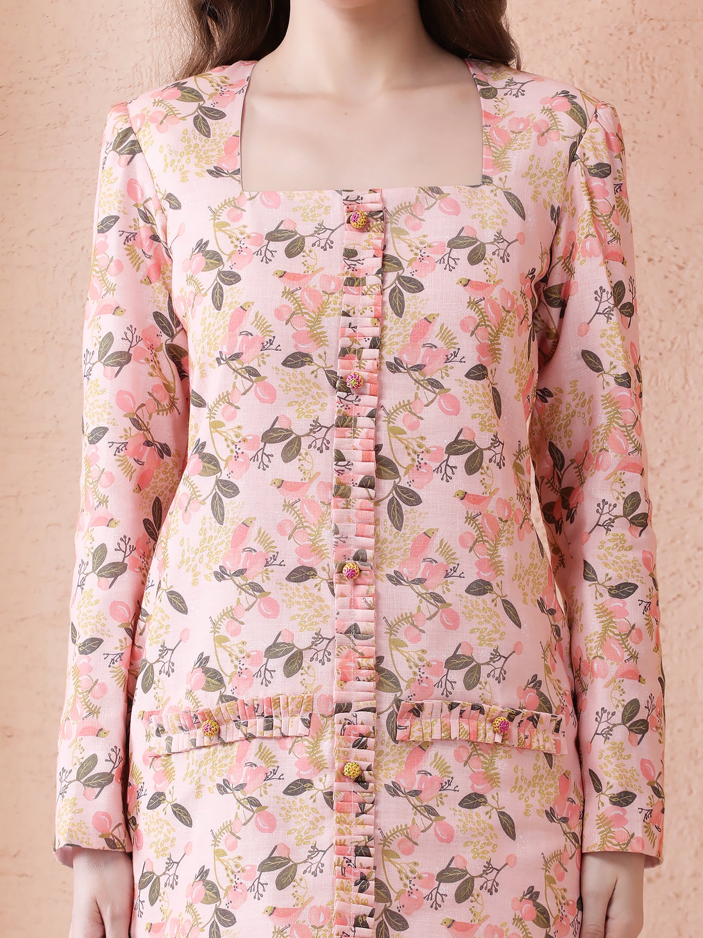 classy floral printed linen dress in light pink colour