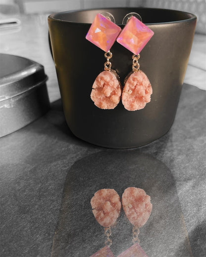 Natural square crystal cluster stone earrings pink colour